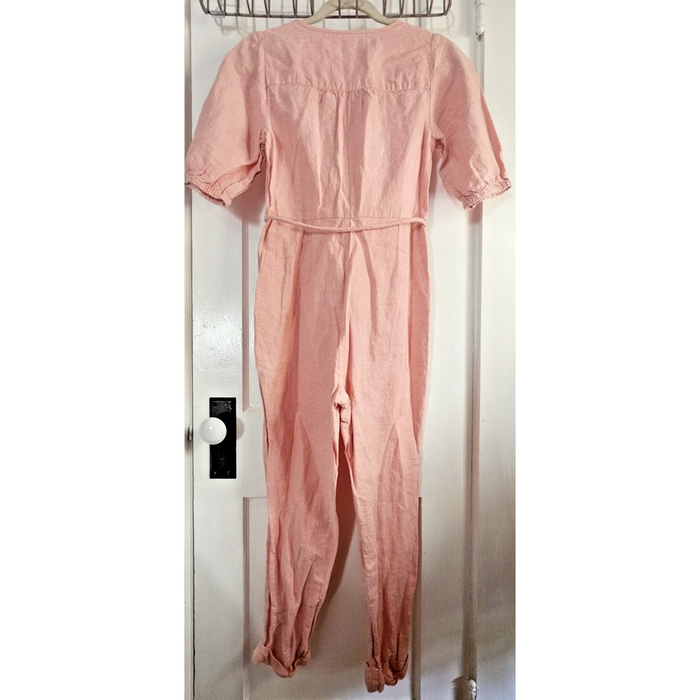 Madewell Linen cotton puff elbow sleeve tassel tie button up Jumpsuit pink XXS - Picture 2 of 11